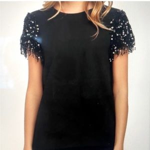 Kate Spade crepe blouse with sequin sleeves. Black, size 6.